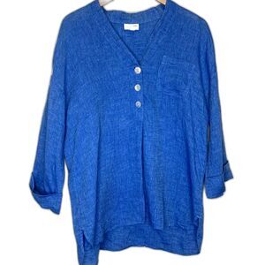Pure Jill Linen Blue Tunic Top V-Neck Button Front Roll Tab Sleeve Relaxed Fit M